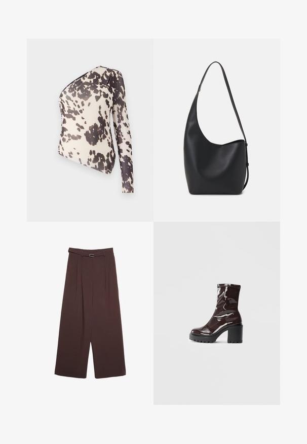 Top na jedno rameno z lehkého materiálu s béžovým pozadím a černými nepravidelnými skvrnami, hladkou strukturou a přiléhavým střihem.; Stradivarius WIDE-LEG WITH BUCKLE DETAIL - Kalhoty - dark brown; Lesklá bordó kotníková bota s masivním černým podpatkem, se hladkým povrchem a jednoduchým designem. Žádné viditelné zapínání ani vzory.; Černá kožená hobo taška s hladkým povrchem, zakřiveným tvarem a jedním nastavitelným popruhem; má široké otevírání nahoře.