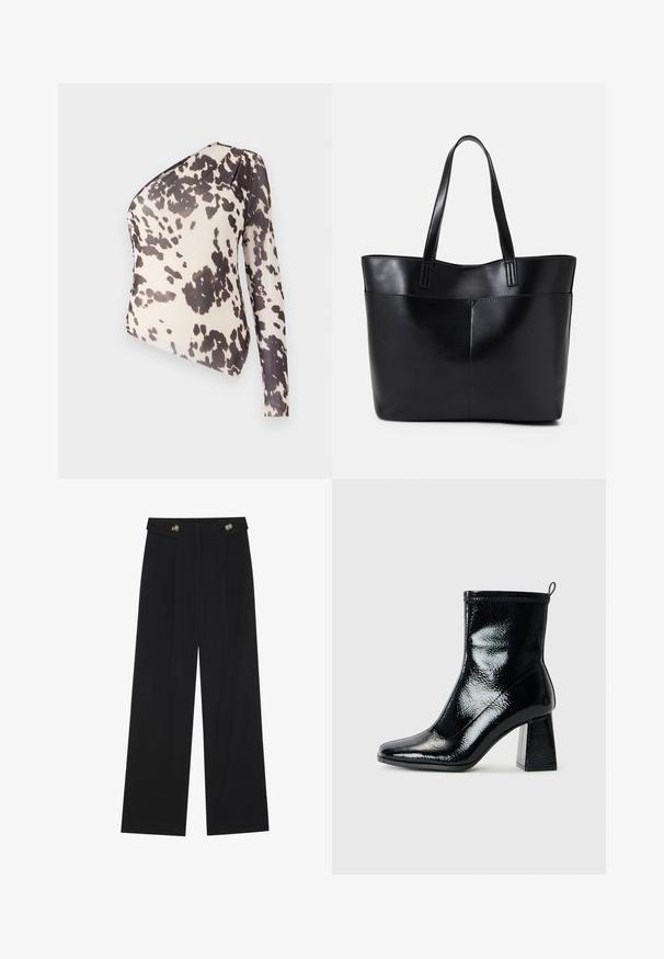 Ein einseitiger Oberteil aus leichtem Stoff mit einem beigen Hintergrund und unregelmäßigen schwarzen Flecken, glatter Textur und figurnaher Passform.; Schwarze weite Hosen mit hoher Taille, Knopfdetails am Bund und vorderen Falten.; Schwarze Lack-Ankle-Boots mit quadratischer Zehenform und klobigem geometrischem Absatz. Sie verfügen über eine glatte, glänzende Textur und eine Zuglasche an der Rückseite für einfaches Anziehen.; Schwarze Leder-Shopper-Tasche mit zwei langen Griffen, einer glatten Textur und einer strukturierten Form. Verfügt über eine Vordertasche für zusätzlichen Stauraum.