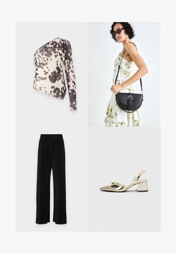 Viens plecu tops no viegla auduma ar bēšu fonu un melniem neregulāriem plankumiem, gluda tekstūra un pieguļošs dizains.; Melni plīšu bikses ar elastīgu jostu. Tām ir platākas kājas un gluda, teksturēta auduma ar vertikālām svītrām.; Zeltaini, metāla kurpes ar siksniņām, norakans purngalis un masīla papēdis. Gluda tekstūra, minimālisma dizains un šaura siksna.; Melnas ādas rokassoma ar izliekta formu, noņemamu siksnu un zelta aksesuāriem. Somai ir vāciņš ar sprādzes detaļu.; Zeltīti metāla auskari ar gludu, izliekta dizaina. Ar atšķirīgu smailu formu, pulētu virsmu un eņģu aizdari.