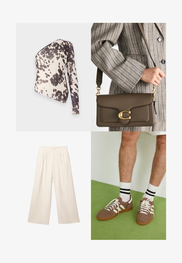 One-shoulder top in lightweight fabric featuring a beige background with black irregular spots, smooth texture, and fitted design.; Wide-leg trousers in a light beige color with a soft, textured fabric. Features front pleats and an elastic waistband for a relaxed fit.; Brown suede sneakers with white accents and laces. Rubber gum sole. Worn with white socks featuring black stripes. Green textured flooring.; COACH TABBY SHOULDER BAG 26 - Handbag - dark stone; Gold chain necklace with elongated, rectangular links. Worn over a black lace collared shirt, displaying a smooth, polished finish.