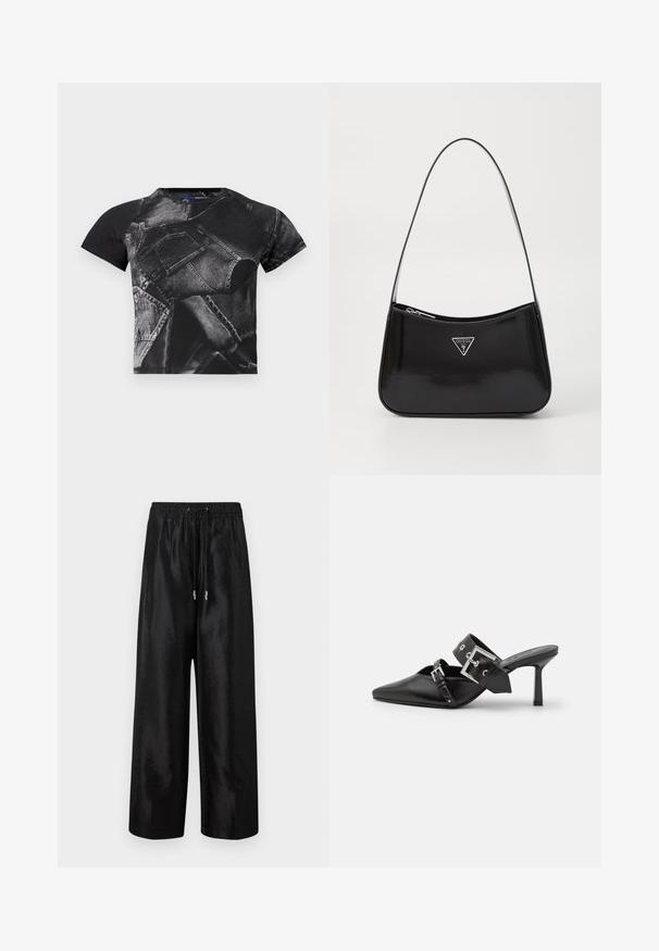 Sort kortærmet t-shirt med et stort denim-print, lommer og sømme, lavet af en bomuldsblanding med en struktureret overflade.; Sorte brede bukser lavet af blankt stof med elastisk talje og snøre, med sølv hardware-detaljer.; Sorte højhælede mules med spids tå, lavet af glat læder. Har et bredt ankelrem med en firkantet sølv spænde og nitter.; Sort patenteret læder skuldertaske med en buet form, prydet med et sølvfarvet trekantet logo og en lynlås-lukning. Glat tekstur og slank rem.