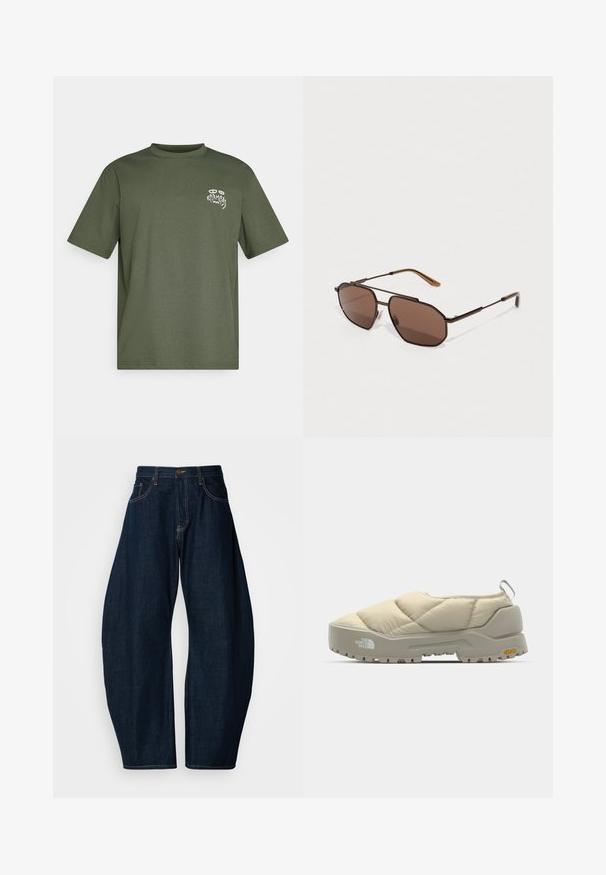 Olajzöld, kerek nyakú, rövid ujjú póló, kicsi fehér "Karma" grafikával a bal mellkason.; Sötétkék farmernadrág széles szárú kialakítással, hangsúlyos varrással, öt zsebbel és sárgaréz gombos záródással a derékrészen.; Quilted bézs slip-on cipő szürke Vibram talppal, lekerekített formával és hátsó hurkkal. Az oldalán logóval és texturált felsőrésszel rendelkezik.; Barna nyolcszögletű napszemüveg vékony fekete fém kerettel, barna szárakkal kiemelve. Sötét árnyalatú lencsék UV-védelmet nyújtanak.