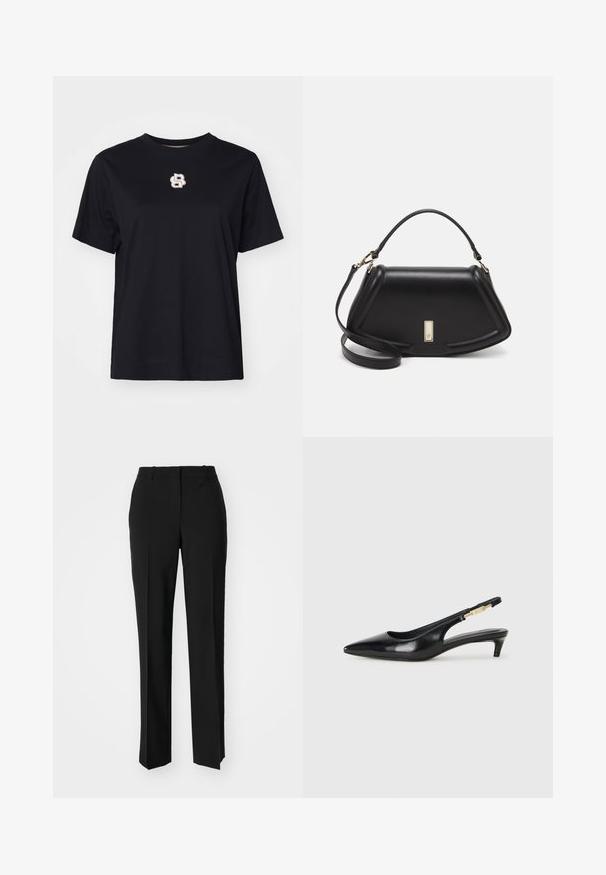 Černé bavlněné tričko s krátkým rukávem, kulatým výstřihem a malým vyšitým logem v bílé a zlaté barvě na hrudi.; Černé kalhoty na míru se střihem do rovna, které mají hladkou texturu a ostré sklady na přední straně. Bez viditelného kování.; Černé kožené boty na podpatku s otevřenou patou a špičatou špičkou, s tenkým podpatkem a zlatým akcentem na nastavitelném pásku. Hladký povrch.; Černá kožená kabelka se strukturovaným designem, jejíž tvar je zkrácený, má horní rukojeť a zlaté kovové detaily. Součástí je i nastavitelný ramenní popruh.
