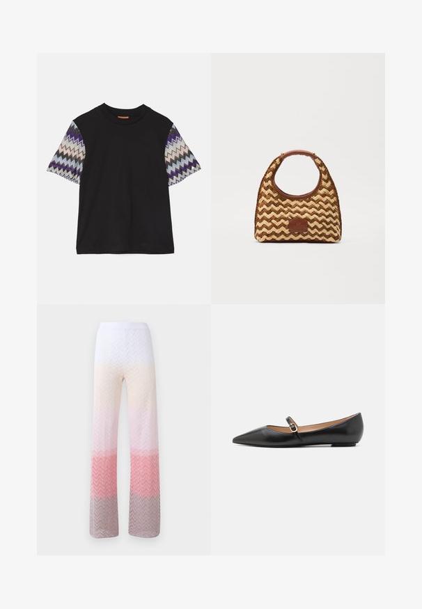 Missoni SHORT SLEEVE - Marškinėliai su spaudiniu - black/blue; Megztos plačios kelnės, puoštos žuvų kaulų raštu, pereinančiu nuo baltos iki šviesiai rožinės ir levandų spalvos prie kojų galo. Elastinga juosmens juosta.; Juodos odinės baleto bateliai su smailiu pirštu ir šoniniu dirželiu, papuoštu apvaliu auksiniu akcentu. Lengvi su plokščiu padu.; Austas pintinis pintinis krepšys su zigzago raštu, rudas odinis imtuvėlis ir pagrindas, ir stačiakampė logotipo etikete priekyje.