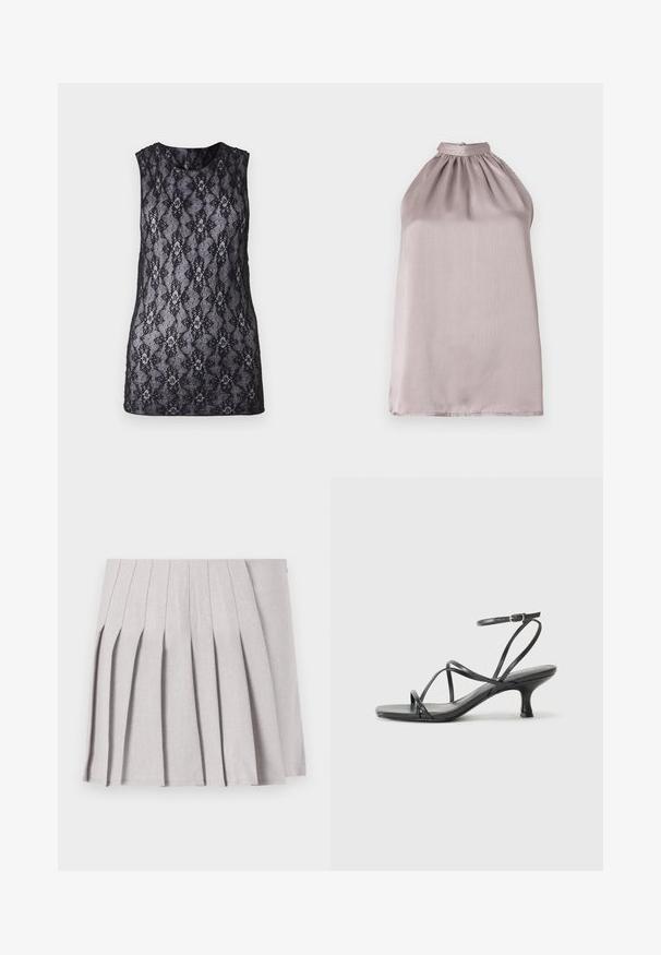 Fekete csipkés topp, virág- és geometriai mintával, ujjatlan kivitelben, kerek nyakkivágással és félig átlátszó textúrával.; Halter nyakú, ujjatlan blúz világos mályva színű satin anyagból, az dekoltázs résznél redők díszítik, sima, enyhén fénylő felülettel.; Szürke pliszírozott szoknya sima textúrával, több függőleges redővel és testre simuló derékkal. Könnyű anyagból készült.; Fekete magassarkú szandál vékony pántokkal, nyitott orrú kialakítással és kis, halkón borított sarokkal. Az anyag simának és fényesnek tűnik.
