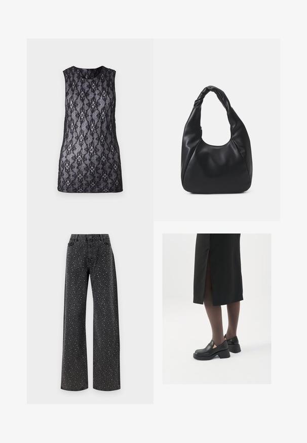 Black lace tank top featuring a floral and geometric pattern, sleeveless design, round neckline, and semi-sheer texture.; Noisy May NMJANNEL LOOSE - Relaxed fit jeans - black denim; Black leather shoes with a rounded toe, thick block heel, and elastic side accents, paired with dark tights and a black skirt with a slit.; Black hobo bag made of smooth leather-like material with a twisted handle, featuring a soft, rounded shape and a top zipper closure.