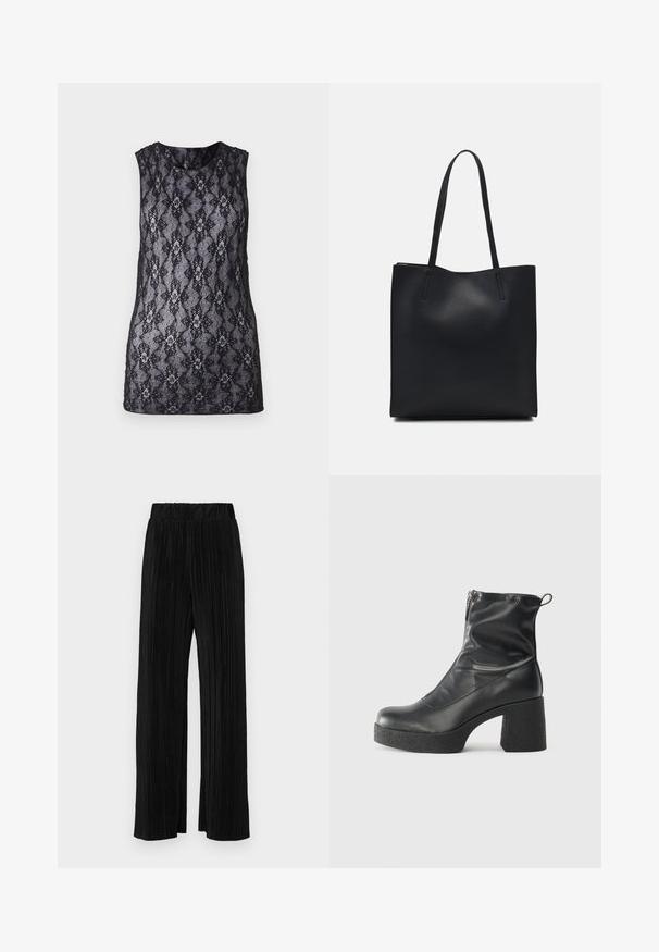 Top de dantelă neagră cu un model floral și geometric, design fără mâneci, decolteu rotund și textură semi-transparentă.; Pantaloni negri plisati cu talie elastică. Prezintă picioare largi și un material neted, texturat, cu dungi verticale.; Bocanci negri de glezna din piele netedă, cu fermoar lateral, toc texturat și masiv, și design cu vârf rotund.; Geantă tote neagră din piele, cu textură netedă, formă rectangulară și două mânere lungi. Fără hardware vizibil sau ornamente.