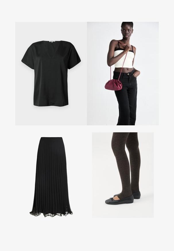 Svart t-skjorte med korte ermer laget av glatt stoff, med V-halsdesign og avslappet passform. Ingen mønstre eller synlige detaljer.; Svart plissert maxiskjørt laget av lett materiale med et flytende design. Har en volangkant og elastisk midje for komfort.; Sorte flate sko med en liten sløyfedetalj på tåen, kombinert med mørkebrune ribbede strømpebukser. Skoene har en glatt overflate og lav profil.; Burgunderfarget myk stoffhåndveske med en samlet design og en lang stropp, båret som en crossover. Modellen har på seg en hvit crop-top og svarte jeans.