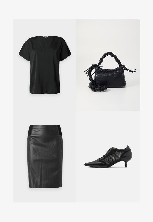 Fekete, rövid ujjú felső, sima anyagból, V-nyakú fazonnal és laza szabással. Nincsenek látható minták vagy hardverek.; Fekete bőr ceruzaszoknya, amely szoros szabású, sima textúrájú, és mindkét oldalon elasztikus derékpánttal rendelkezik. A végén lapos hem.; Fekete, hegyes orrú cipő, hálós panel tervezéssel, alacsony sarokkal és fűzős elülső résszel. Bőrből és hálós anyagból készült.; Fekete műbőr kézi táska krokodil bőr textúrával, összehúzható tetejű és gyűrt pánttal. Lágy és kompakt dizájnúnak tűnik.