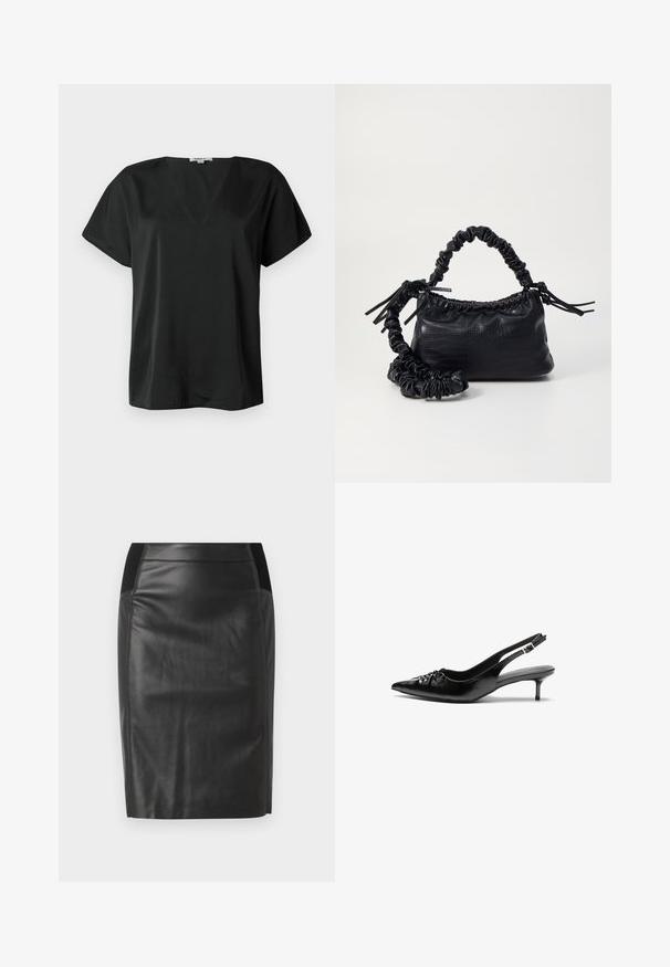 Top scurt negru cu mâneci scurte, realizat dintr-un material neted, având un decolteu în V și o croială lejeră. Fără modele sau accesorii vizibile.; Fustă creion din piele neagră, cu un design ajustat, textură netedă și talie elastică pe ambele părți. O margine plată la baza fustei.; Pantofi cu toc slingback din piele neagră, cu vârf ascuțit, toc mic tip kitten și detaliu adunat pe partea superioară. Textură netedă și design minimalist.; Geantă din faux leather neagră cu textură de crocodil, cu partea superioară strânsă și o curea mototolită. Pare moale și compactă ca design.