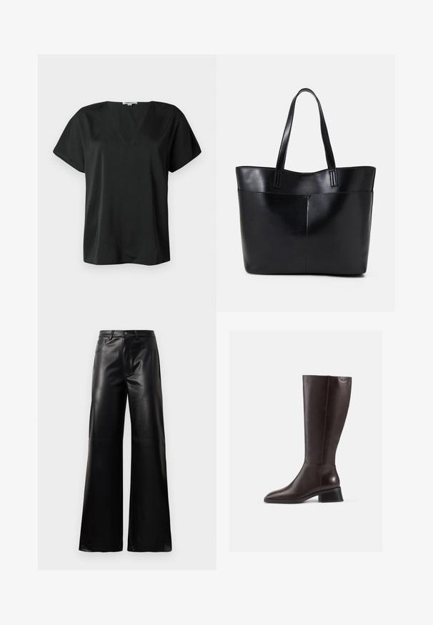 Top scurt negru cu mâneci scurte, realizat dintr-un material neted, având un decolteu în V și o croială lejeră. Fără modele sau accesorii vizibile.; Pantaloni negri cu talie înaltă, largi, din piele sintetică, cu nasture frontal, închidere cu fermoar, bucle pentru centură și buzunare laterale pe fundal alb.; Botine din piele maro, până la genunchi, cu finisaj neted, vârf rotund și toc negru, stratificat. Design simplu, cu detalii hardware minime.; Geantă oversized din piele neagră, cu două mânere lungi, de textură netedă și formă structurată. Are un buzunar frontal pentru stocare suplimentară.