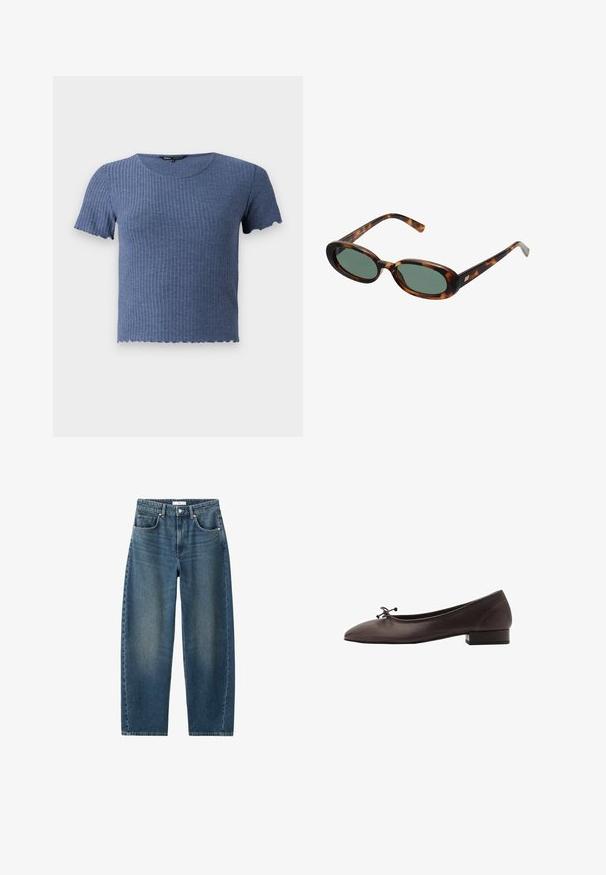 Blue ribbed short-sleeve top with a round neckline and scalloped hem. Made from soft, textured fabric with a fitted design.; Sleeveless white dress with a round neckline and an asymmetrical hemline that drapes to a point on one side.; Dark blue denim jeans with a straight leg, five-pocket design, and a classic button closure. Soft texture with subtle fading.; Brown leather ballet flat with a rounded toe and small block heel. Features a thin bow at the front and subtle stitching details.; Tortoiseshell sunglasses with oval frames and green lenses. Features thin arms with a metallic accent near the hinges.; Woven yellow handbag with a curved top handle and an unstructured shape. The textured surface features a crisscross pattern throughout.