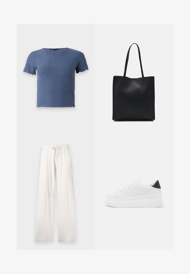 Blue ribbed short-sleeve top with a round neckline and scalloped hem. Made from soft, textured fabric with a fitted design.; Light beige sweatpants made of soft fabric, featuring a drawstring waist, wide legs, and vertical seams, with a smooth texture.; White platform sneakers made of smooth synthetic material, featuring a rounded toe, lace-up design, and a textured rubber sole. Black heel accent.; Black leather tote bag with smooth texture, rectangular shape, and two long handles. No visible hardware or embellishments.