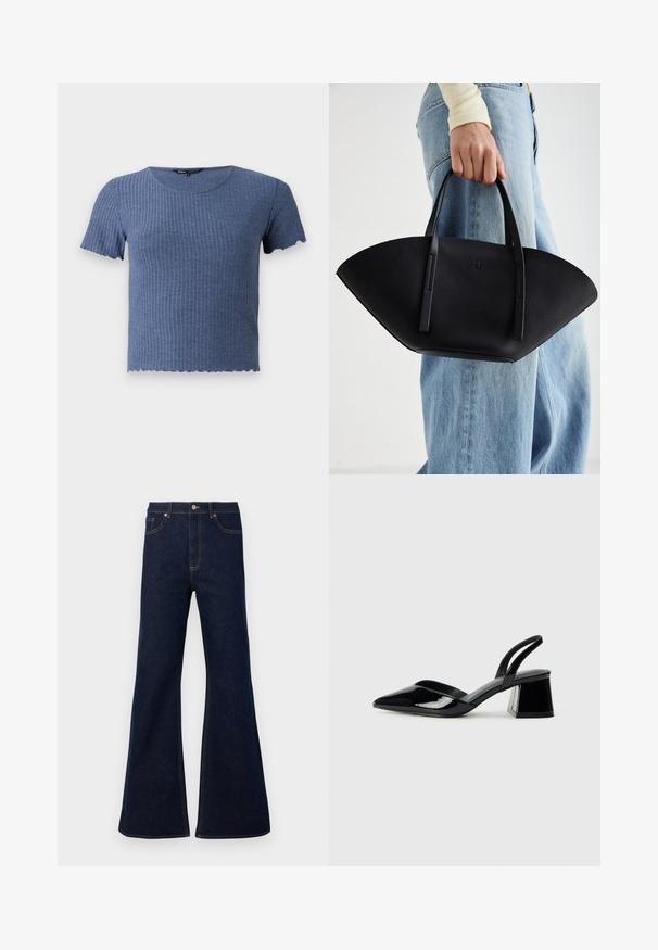 Sinine sooniline lühikeste varrukatega ülemine osa, ümarate kaeluste ja lainelise äärega. Valmistatud pehmest, tekstuuriga kangast, mis on hästi istuv.; Tumedad sinised laiad teksapüksid, millel on kõrge vöökoht, ees olevad taskud ja kuldsed õmblusaktsendid. Sile tekstuur traditsioonilise lõikega.; Mustad musta lakknahk kingad, millel on terav varvas ja geomeetriline plokkkonts. Omab elegantselt minimalistlikku disaini ja sujuvat tekstuuri.; Must mustra kott, millel on unikaalne fännikujuline disain, millel on lapikud käepidemed. Pinna tekstuur on kivikujuline ja disain on minimalistlik.