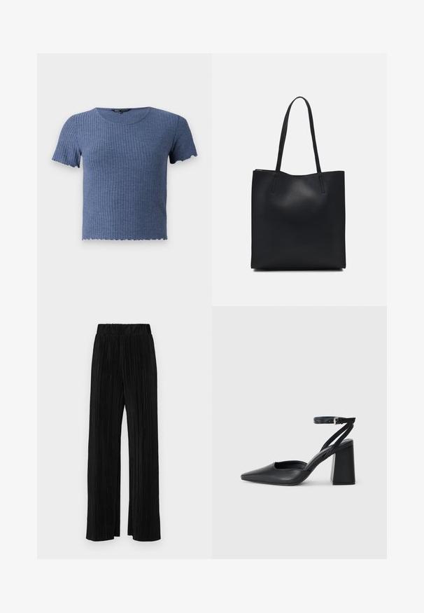 Niebieski prążkowany top z krótkim rękawem, okrągłym dekoltem i falbaniastym wykończeniem. Wykonany z miękkiej, teksturowanej tkaniny o dopasowanym fasonie.; Czarne spodnie plisowane z elastycznym paskiem w talii. Posiadają szerokie nogawki oraz gładki, teksturowany materiał z pionowymi paskami.; Czarne skórzane czółenka z ostrym noskiem, z paskiem na kostce i grubym obcasem. Gładka faktura, elegancki design i minimalistyczna estetyka.; Czarna skórzana torba tote o gładkiej fakturze, prostokątnym kształcie i dwóch długich uchwytach. Brak widocznych elementów metalowych i ozdób.