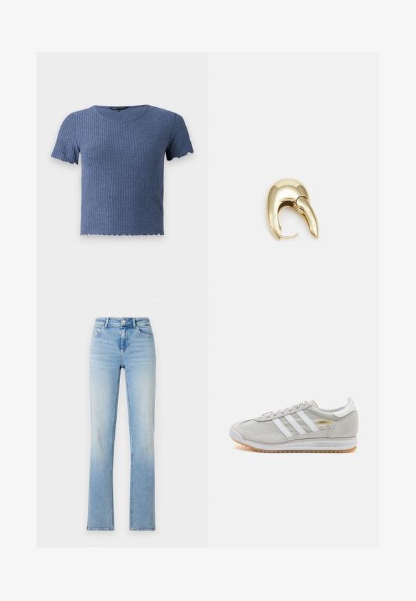 Blue ribbed short-sleeve top with a round neckline and scalloped hem. Made from soft, textured fabric with a fitted design.; Light blue denim jeans with a high waist, straight leg fit, and subtle fading. Features five pockets and belt loops.; Light grey sneaker made of suede and mesh, featuring three white stripes, round toe, and a gum rubber sole. Gold logo accent near laces.; Gold-tone metal earring with a sleek, curved design. Features a distinctive pointed shape, polished surface, and hinge closure.