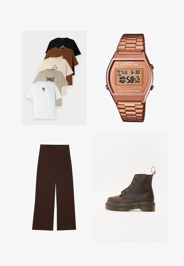 Penki marškiniai, sukrauti vienas ant kito. Spalvos: juoda, ruda, smėlinė, alyvžalia ir balta. Išskirtinės dizaino detalės apima grafiką ant kiekvieno marškinio.; Rudi plačiai praplečiami kelnių su klostėmis. Pagaminti iš lygaus audinio, su pritaikytu liemeniu ir šoninėmis kišenėmis. Lygus apačios kraštas.; Rudos odinės kulkšninių batus su apvalia nosimi, kontrastinga geltona siūle, dekoratyviniais metaliniais akių skyreliais ir grioveliuota guma pagrindu.; Skaitmeninis Casio laikrodis su rožinės aukso metaline juosta, stačiakampiu korpusu, apšviečiamu ekranu ir atsparumu vandeniui, rodomas laikas ir data.