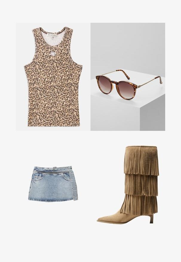 Leopardmönstrad tanktop i beige och brunt, tillverkad av ribbat material med rund hals och subtilt broderad logga fram.; Blå denimminikjol med en åtsittande midjeband, bältesloopar och framfickor. Har en rå fåll och en blekt textur med sömnadsdetaljer.; Fransankelboot i tan mocka med tre lager av fransar. Spetsig tå och en låg blockklack. Slät textur genomgående.; Sköldpaddsflagade solglasögon med gradientlinser och tunna guldmetall-accenter. Har runda ramverks och slanka armar för en modern look.; Guldörhängen med en slät, polerad yta, med en gångjärnsstängning och en rundad, avlång design.