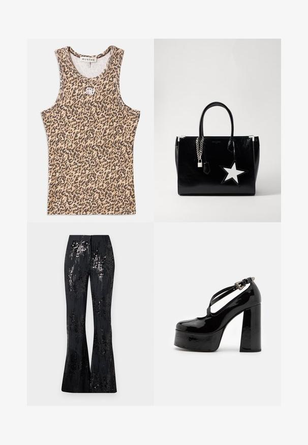 Leopardenmuster-Tanktop in Beige und Braun, aus geripptem Stoff mit rundem Kragen und dezentem gesticktem Logo auf der Vorderseite.; The Kooples PANTALON SEUL - Stoffhose - black; The Kooples CHAUSSURES - High Heel Pumps - black; Schwarze Handtasche aus lackiertem Leder mit eleganter Form. Mit silberner Kettenhardware, einem Schloss und einem weißen Sternelement an der Seite.