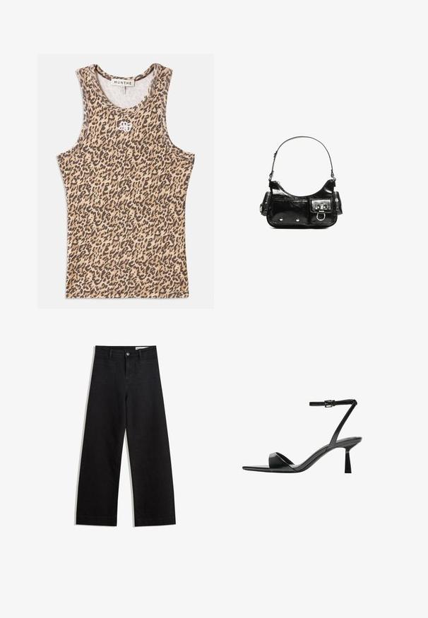 Läiskäkuvioinen toppi beige- ja ruskeasävynä, ribbittyä kangasta, pyöreällä kaula-aukolla ja hillityllä brodeeratulla logolla edessä.; Mustat leveät farkut korkealla vyötäröllä, joissa on etu- ja takataskut, ommellut saumat ja nappisuljenta. Silkinoinen rakenne.; Bershka Korolliset sandaalit - black; Mustekko mustasta kiiltonahasta valmistettu käsilaukku, jossa on kaareva muoto, yksi olkahihna, etutaskut ja hopeanväriset yksityiskohdat.