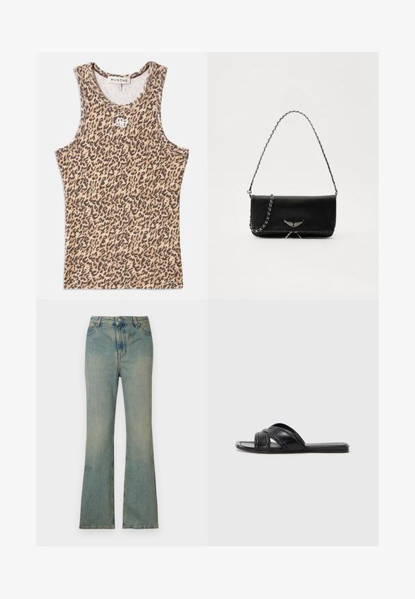 Leopard print tank top in beige and brown, made of ribbed fabric with a round neck and subtle embroidered logo at the front.; Light blue denim flare jeans with a high waist, five pockets, and a zip fly. Clean, faded finish with subtle stitching details.; Black slide sandals with a smooth leather finish, featuring crisscross straps and cut-out details, and a flat, flexible sole.; Black leather handbag with a silver chain strap, featuring decorative wing accents and white stitching along the bottom seam.