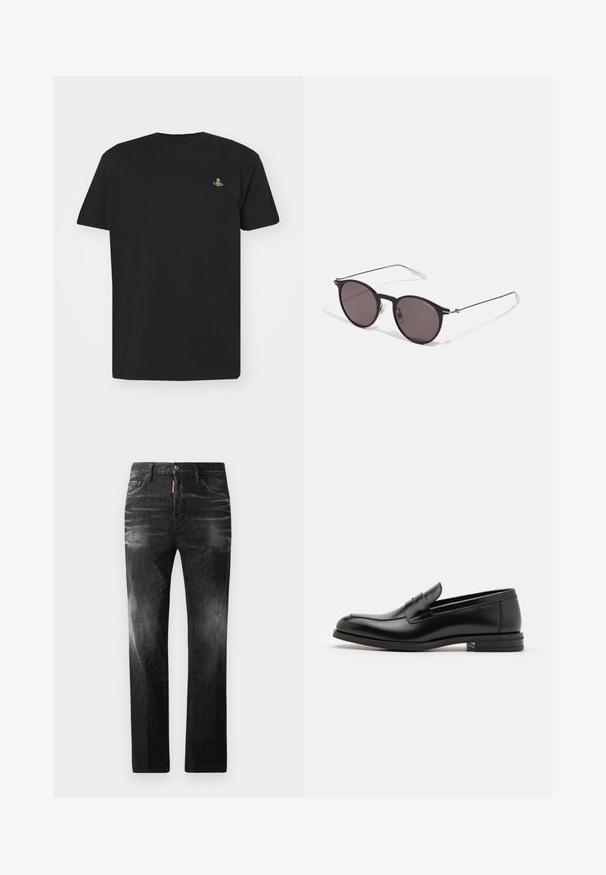 T-shirt de algodão preto com decote redondo, mangas curtas, e um pequeno design colorido bordado na área do peito esquerdo.; Jeans de denim preto com um corte reto. Apresentam áreas desbotadas, ligeira degradação, design clássico de cinco bolsos e um fecho de botão.; Mocassins de couro preto com uma textura suave, bico arredondado e uma faixa decorativa sobre o peito do pé. Salto baixo e empilhado, design minimalista.; Óculos de sol redondos pretos com lentes escuras e hastes metálicas finas. Inclui pontas de templo transparentes e detalhes em prata na dobradiça. Design minimalista.