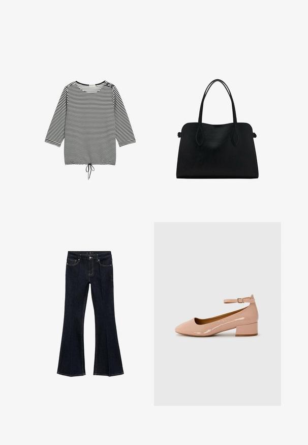 TOM TAILOR PLUS SIZE - MIT KNOPF-DETAILS - Long sleeved top - offwhite navy regular stripe; Dark blue denim jeans with high waist, front pockets, and flared wide legs, displayed flat on a white background.; Patent leather pink flat shoe with a rounded toe, ankle strap, and a low block heel. Smooth texture and minimalist design.; Black leather handbag with dual shoulder straps, rectangular shape, and minimalistic design on a white background.