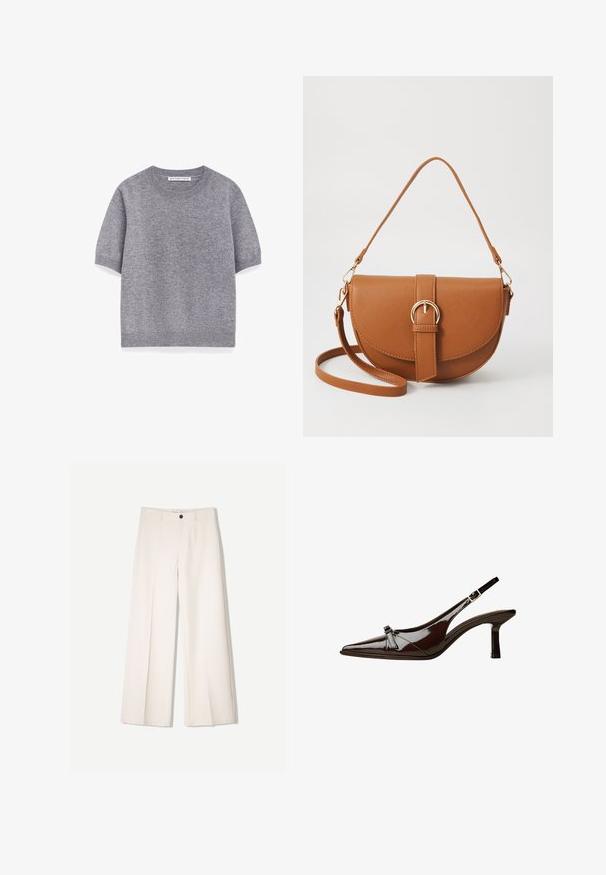 Grijze korte mouwen trui van zachte breimaterialen, met een ronde halslijn en ribbelzoom. Eenvoudig ontwerp zonder patronen of accenten.; Crème brede broek met een tailored ontwerp, voorzien van twee voorzakken en een enkele sluiting met een knop aan de voorkant, gemaakt van een gladde stof.; Bruine gepatineerde leren slingback schoen met een spitse neus, lage hak en een decoratieve strikaccent aan de voorkant. Glad, glanzend oppervlak.; Bruine leren schoudertas met een gebogen vorm, gouden hardware en een gespaccent. Bevat een afneembare schouderriem.