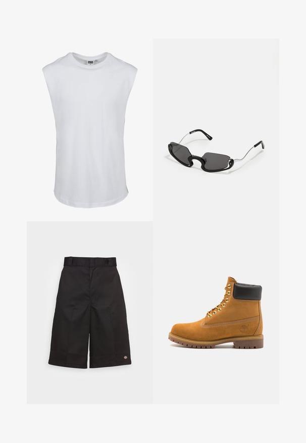 White sleeveless t-shirt made of cotton. Smooth texture with a round neckline and a straight hem. No graphics or additional details.; Black cotton shorts with a straight cut, knee-length, featuring a visible brand logo on the hem and a smooth texture.; Tan suede ankle boot with black padded collar, gold metal eyelets, white stitching detailing, and rugged rubber sole with pronounced treads.; Black sunglasses with a unique shield shape, featuring dark lenses and thin silver metal arms. The frames have rounded accents and a bold design.