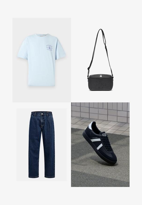 Jasnoniebieska koszulka z krótkim rękawem z małym fioletowym nadrukiem "ONLY & SONS NOODLES" oraz miską makaronu na klatce piersiowej.; Granatowe dżinsy o prostym kroju nogawki. Posiada widoczne szwy, zapięcie na guzik oraz fałdy z przodu dla dodatkowego detalu.; Czarne skórzane sneakersy z białymi paskami, teksturowana gumowa podeszwa i sznurowane z przodu. Posiadają metkę marki na języku.; Czarna skórzana torba na ramię z zamkiem błyskawicznym, wytłoczone logo na przodzie i regulowanym paskiem. Gładka tekstura w prostokątnym kształcie.