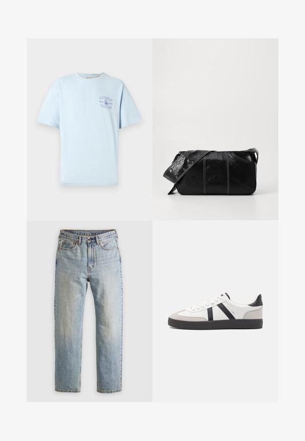 Svetlomodré tričko s krátkymi rukávmi s malou fialovou grafikou "ONLY & SONS NOODLES" a mísou rezancov na hrudi.; Svetlomodré džínsy s vysokým pásom, predným gombíkom, zipsom a dizajnom s piatimi vreckami, rozložené na neutrálnom pozadí.; Biele tenisky s čiernymi a šedými akcentmi, s textúrovanou šedou špičkou, čiernou gumovou podrážkou a plochými bielymi šnúrkami. Čistý dizajn, minimalistický štýl.; Čierna kožená kabelka cez plece so zipsovým uzáverom, so štruktúrovaným telom, bielym prešívaním a popruhom so striebornými očkami.