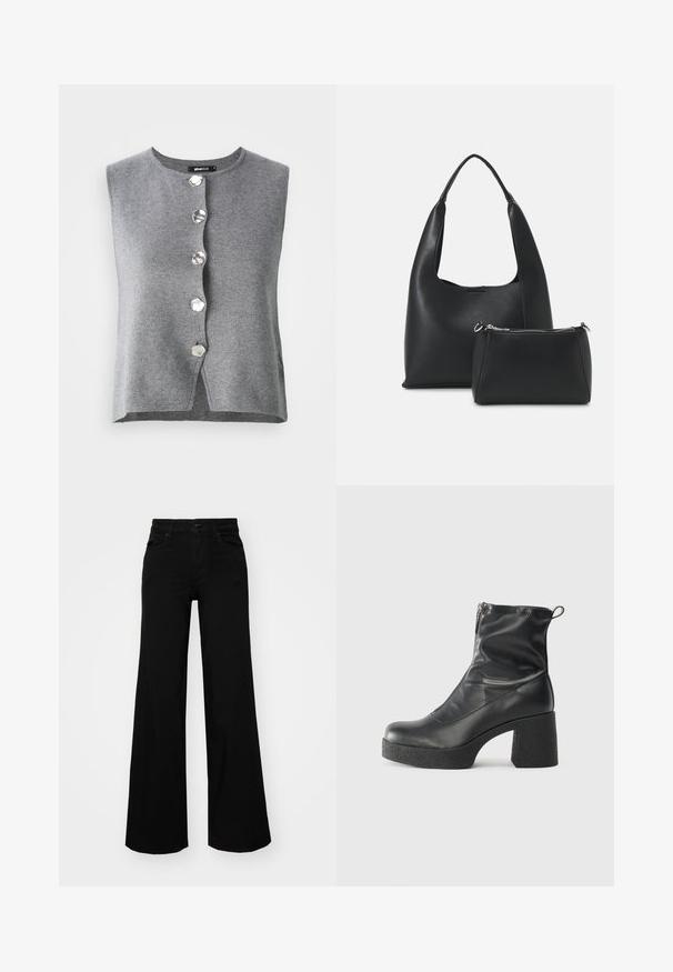 Cardigã sem mangas cinza, feito de tecido de malha suave, apresentando um decote redondo e seis botões hexagonais prateados na frente.; Calças largas pretas em denim, com uma cintura estruturada, passantes para cinto e bolsos frontais. Textura suave com um design clássico.; Botas de tornozelo pretas feitas de couro liso, com fecho lateral, salto grosso texturizado e design de bico arredondado.; Even&Odd Mala de mão - black