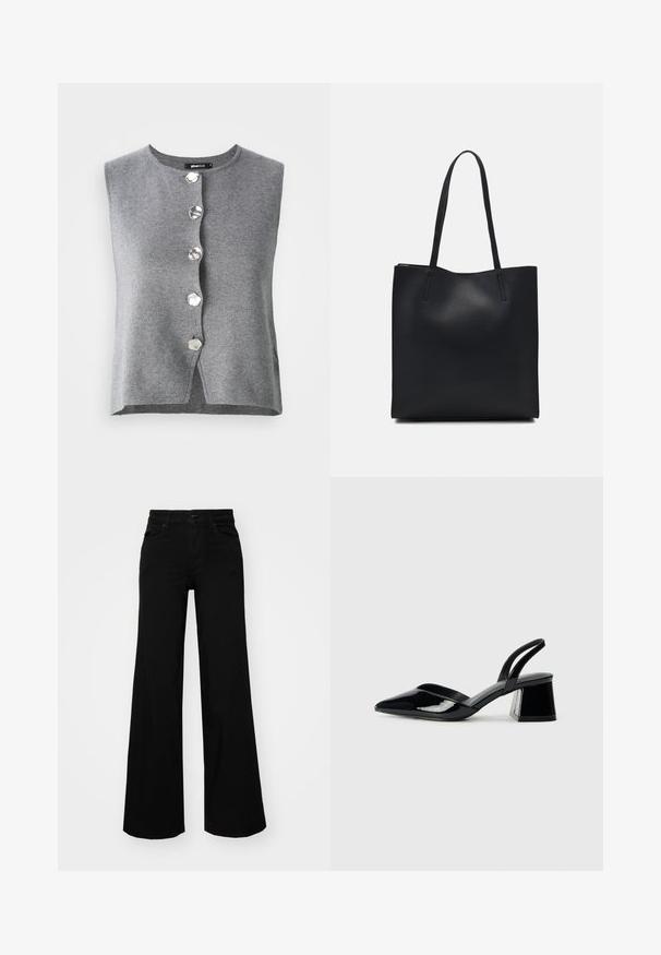 Siva brezrokavnik iz mehkega pletenega blaga, z okroglim ovratnikom in šestimi šestkotnimi srebrnimi gumbi spredaj.; Črne široke denim hlače s strukturiranim pasom, z zankami za pas in sprednjimi žepi. Gladka tekstura s klasičnim dizajnom.; Črne lakirane slingback pete s koničastim nosom in geometrijsko blokasto peto. Imajo eleganten, minimalističen dizajn in gladko teksturo.; Črna usnjena torba s svilnato teksturo, pravokotne oblike in dvema dolgima ročajema. Brez vidnih metalnih delov ali okrasnih elementov.