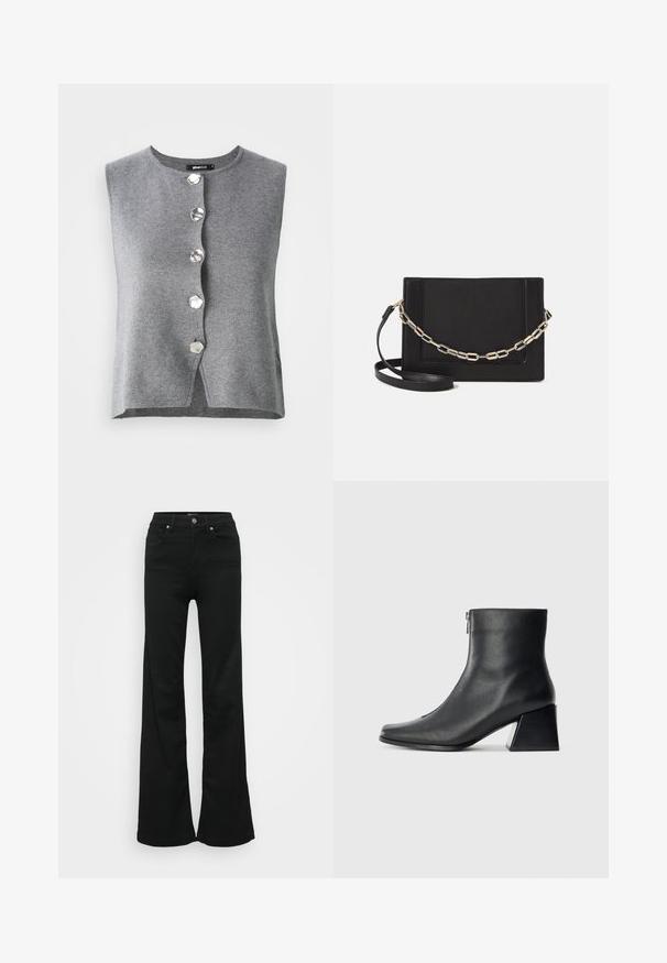 Gray sleeveless cardigan made of soft knit fabric, featuring a round neckline and six hexagonal silver buttons down the front.; Black flared jeans made from denim, featuring a high waist, five pockets, and metal button closure. Smooth texture with minimal detailing.; Black leather ankle boot with square toe, side zipper, and block heel against plain light background.; Black leather crossbody bag featuring a smooth texture, rectangular shape, and a metallic chain detail on the front. Adjustable strap included.