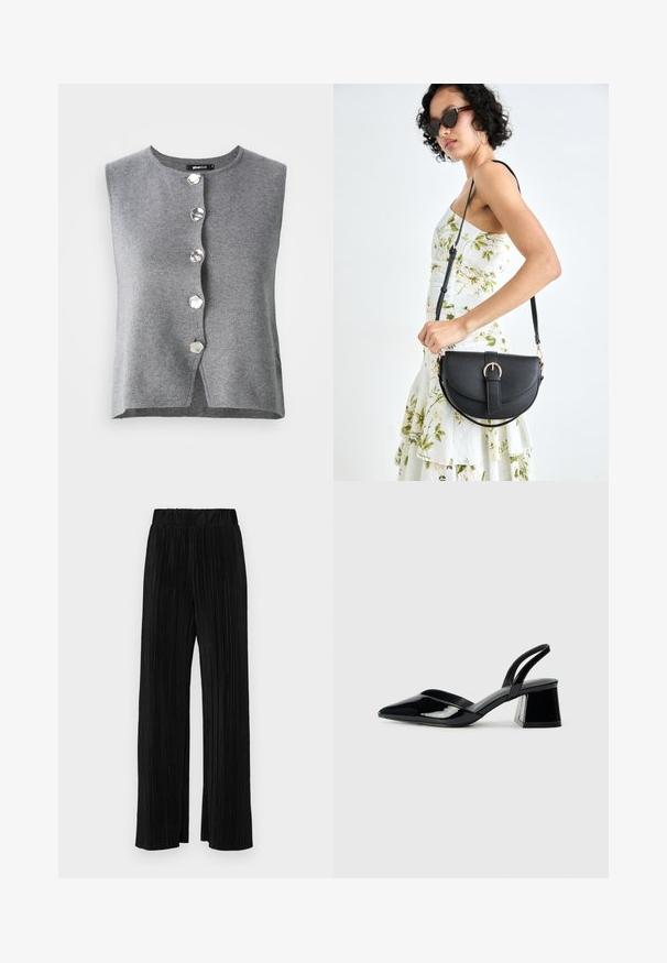 Graue ärmellose Strickjacke aus weichem Strickstoff, mit einem Rundhalsausschnitt und sechs sechseckigen silbernen Knöpfen auf der Vorderseite.; Schwarze plissierte Hose mit elastischem Bund. Verfügt über weite Hosenbeine und einen glatten, strukturierten Stoff mit vertikalen Streifen.; Schwarze Lackleder-Slingback-High Heels mit spitzem Schuh und einem geometrischen Blockabsatz. Verfügt über ein schlankes, minimalistisches Design und eine glatte Textur.; Schwarze Lederhandtasche mit geschwungener Form, abnehmbarem Tragegurt und goldenen Beschlägen. Die Tasche verfügt über einen Deckel mit einer Schnallen-Details.