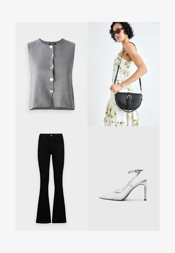 Szürke ujjatlan kardigán, puha kötött anyagból készült, kerek nyakkivágással és hat hatszögletű ezüst gombbal az elején.; Fekete, magas derekú farmernadrág gomb- és cipzárzárral, elülső zsebekkel és harangszárral, laposan egy fehér háttérre terítve.; Áttetsző anyagú, hegyes orrú, tiszta stiletto sarokcipő, fémes ezüst díszítéssel és állítható bokahevederrel.; Fekete bőrtáska ívelt formával, levehető pánttal és arany színű fémrészekkel. A táskán egy csattal díszített fedél található.