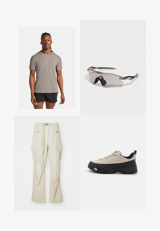 Leichtes, kurzärmliges Sportshirt in Taupe mit Rundhalsausschnitt und dezentem Logodetail. Verfügt über einen glatten, atmungsaktiven Stoff.; Beige Cargo-Hosen mit weitem Bein, tailliertem Bund, zwei seitlichen Taschen und Kniepatches. Glatte Textur mit verstärkten Nähdetails.; Beige Wildlederschuh für Wanderungen mit schwarzer Gummisohle, strukturierten Akzenten und reflektierenden Schnürsenkeln. Verfügt über eine Schlaufe für ein einfaches An- und Ausziehen.; Sonnenbrille mit einem durchscheinenden grauen Rahmen, getönten Gläsern und angularer Form. Verfügt über ein markantes Nasenteil und strukturierte, dunkelgraue Bügel.