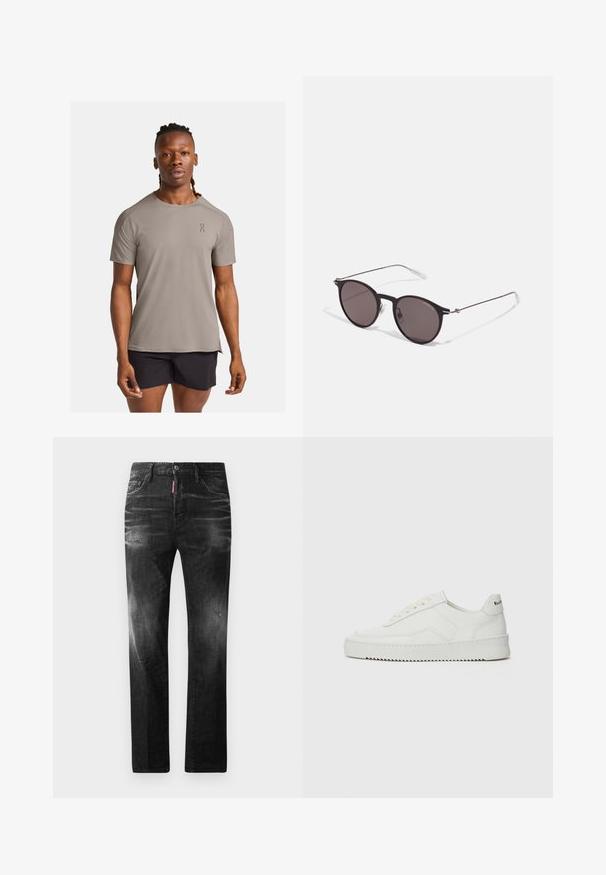 Könnyű, rövid ujjú sportpóló taupe színben, kerek nyakkivágással és diszkrét logóval. Simább, lélegző anyagból készült.; Fekete farmernadrág egyenes szabással. Fakadó területek, kisebb kopások, klasszikus öt zsebes kialakítás és gombos zárás jellemzi.; Fehér bőr sportcipő sima felülettel, kerek orral, lapos fűzőkkel és texturált talppal. Finom logó található a sarokon.; Fekete kerek napszemüveg sötét lencsékkel és karcsú fém szárakkal. Átlátszó szárvégeket és ezüst részleteket tartalmaz az ívnél. Minimalista dizájn.