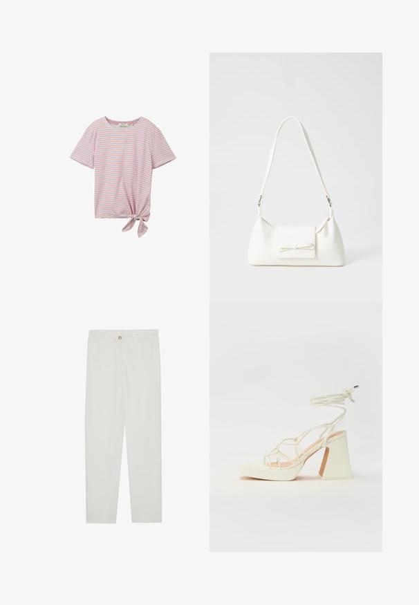 TOM TAILOR DENIM Apdrukāts T-krekls - blue red white stripe; Baltas, pielāgots bikses ar taisnu kāju dizainu, ar pogu aizdari, jostu cilpām un sānu kabatām; gluda auduma tekstūra.; Baltas augstpapēžu sandales ar masīvu papēdi, ar siksnu dizainu un potītes saistītiem elementiem. Gluda tekstūra ar platformu priekšpusē, lai nodrošinātu papildu augstumu.; Balta sintētiska soma ar trīsstūrveida formu, plakanu priekšējo vāciņu un loku detaļu, regulējamu siksnu, gludu tekstūru un minimālistisku dizainu.