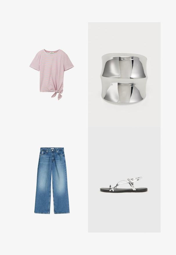 TOM TAILOR DENIM T-shirt med print - blue red white stripe; Bredbent denimjeans i medelblå tvätt, med två framfickor, knappstängning och subtila blekningar för textur.; Silverfärgade metalliska sandaler med en minimalistisk design, som har tunna remmar och en svart platt sula. Höjdpunkter inkluderar korsremmar.; Silverfärgad manschettring med en slät, reflekterande yta. Har en böjd design och bred band, vilket ger ett modernt, minimalistiskt utseende.