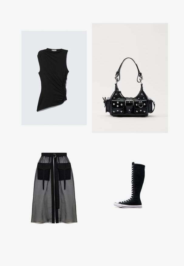 Sort ærmeløs top med samlet sidede detail og asymmetrisk nederdel. Lavet af blød, strækbar stof. Rund halsudskæring.; Sort gennemsigtig nederdel med en rynket talje, der har to store forlommer, et taljebånd og en cirkulær metaldetalje.; Sorte høje sneakers med et højt design, lavet af kanvas. Har hvide snørebånd, syninger og en gummisål med en tåhætte.; Sort læderhåndtaske med et buet design, prydet med sølvfarvede nitter, en spænde og to sidelommer. Justerbar rem til forskellige bære muligheder.