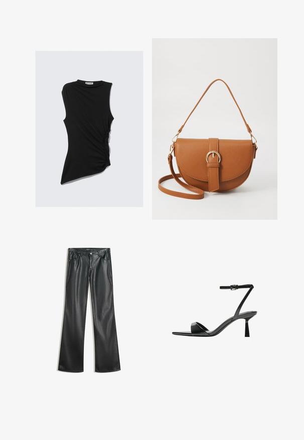 Schwarzes, ärmelloses Top mit gerafftem Seitendetail und asymmetrischem Saum. Hergestellt aus weichem, elastischem Material. Runder Ausschnitt.; Schwarze Kunstleder-Hose mit weitem Bein, glatter Textur, Fünf-Taschen-Design, Frontreißverschluss und kontrastierenden Nähten.; Bershka High Heel Sandalette - black; Braune Leder-Crossbody-Tasche mit geschwungener Form, goldfarbenen Beschlägen und einer Schnallenakzentuierung. Verfügt über einen abnehmbaren Schultergurt.