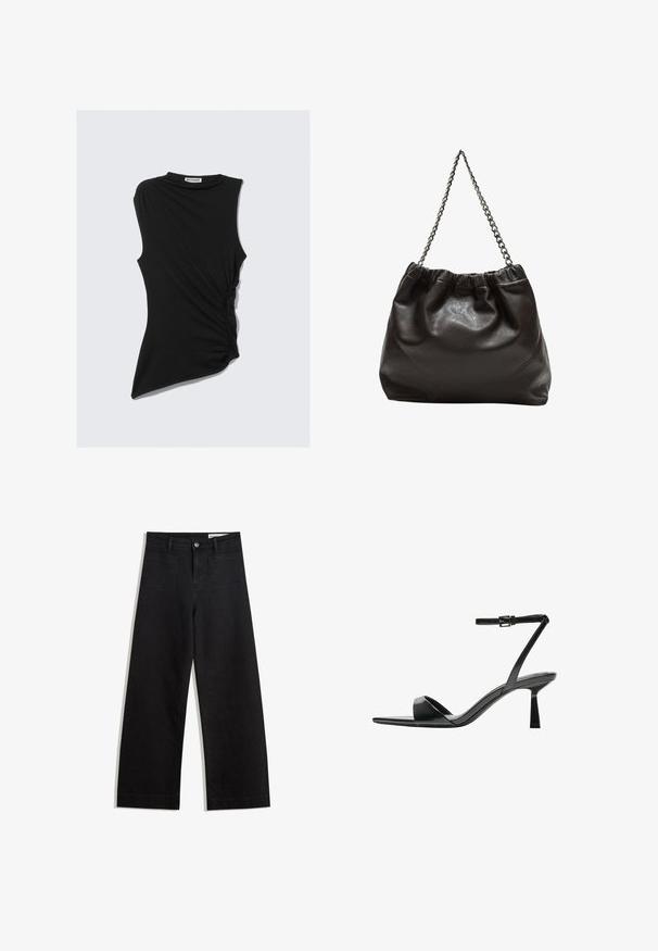 Haut noir sans manches avec un détail froncé sur le côté et un ourlet asymétrique. Fabriqué en tissu doux et extensible. Encolure ronde.; Pantalon en denim noir à jambes larges avec une taille haute, comprenant des poches avant et arrière, des coutures piquées et une fermeture à bouton. Texture lisse.; Bershka Sandales à talons hauts - black; Sac en cuir marron avec un haut froncé et une bandoulière en chaîne. Texture lisse avec une finition brillante et des coutures subtiles sur les côtés.