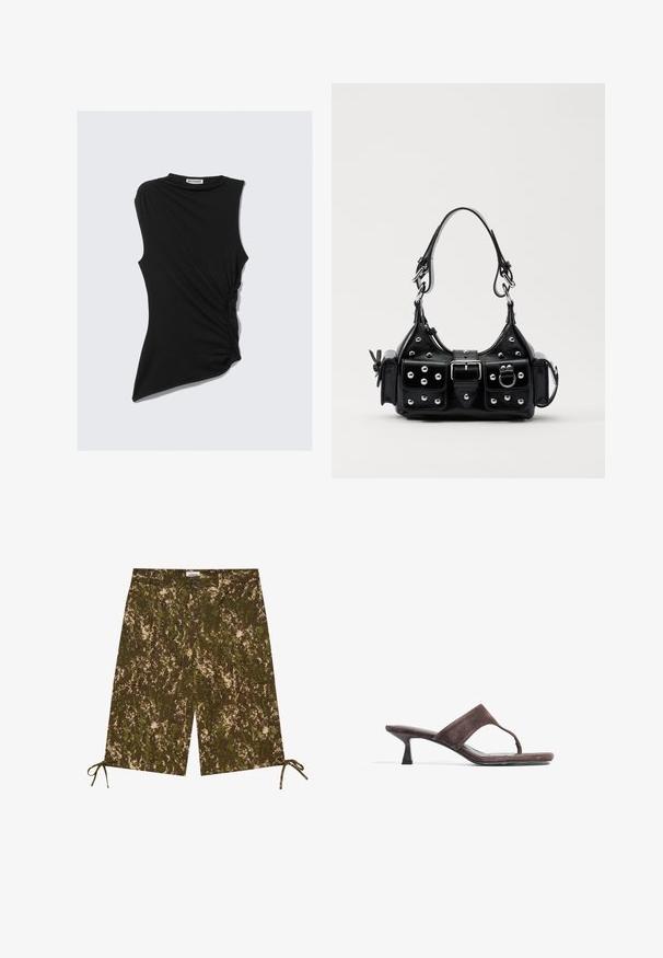 Schwarzes, ärmelloses Top mit gerafftem Seitendetail und asymmetrischem Saum. Hergestellt aus weichem, elastischem Material. Runder Ausschnitt.; Tarnmuster-Shorts in Grüntönen und Braun, aus leichtem Material gefertigt, mit Seitentaschen und verstellbaren Bindebändern am Saum.; Braune Wildleder-Sandalen mit einem Zehensteg, niedrigem Kitten-Absatz und einer glatten, flachen Sohle. Minimalistisches Design mit einer eleganten Silhouette.; Schwarze Lederhandtasche mit einem geschwungenen Design, verziert mit silbernen Nieten, einer Schnalle und zwei seitlichen Taschen. Verstellbarer Träger für verschiedene Tragemöglichkeiten.
