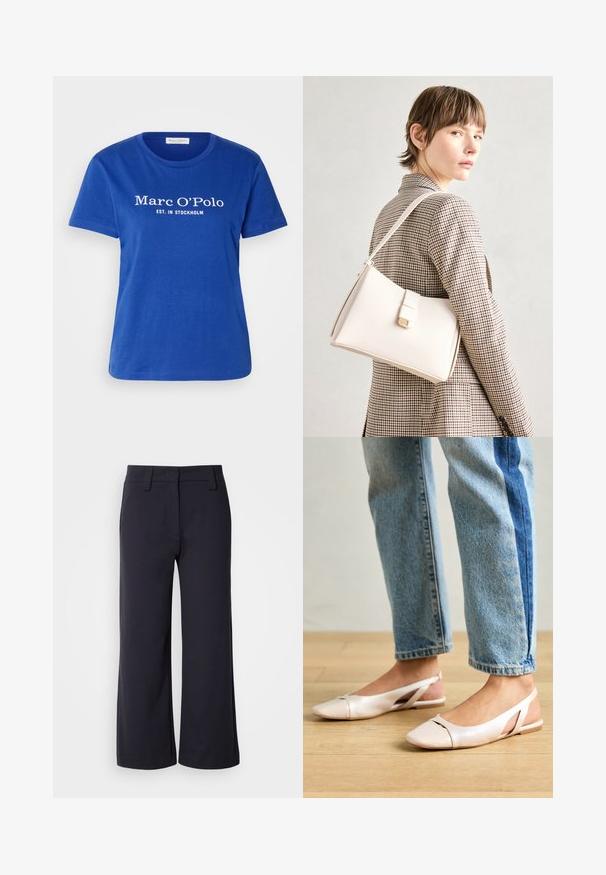 Sinine puuvillane T-särk ümmarguse kaelusega ja lühikeste varrukatega. Tekst "Marc O'Polo EST. IN STOCKHOLM" on prinditud valget värvi.; Laiad püksid tumedast mereväe kangast. Omavad lamedat esit, vöökohasid ja külgtaskuid. Materjal on sile ja veidi veniv.; Kahvatu roosa slingback lapikute jalatsite paar, millel on terav varvas, valmistatud siledast nahataolisest materjalist. Omab külgedel lõikekohti ja lapikut kontsa.; Valge nahast käekott struktureeritud disainiga, millel on magnetlukk ja õlavarre rihm, esitletud neutraalse tausta ees.