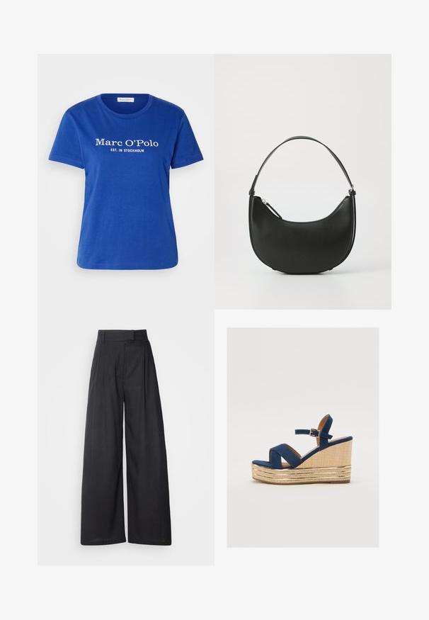 Sinine puuvillane T-särk ümmarguse kaelusega ja lühikeste varrukatega. Tekst "Marc O'Polo EST. IN STOCKHOLM" on prinditud valget värvi.; Tumed, laiad püksid struktureeritud vöökohtadega ja voldikutega. Valmistatud kergest kangast, sileda tekstuuriga ja ilma nähtavate mustriteta.; Tumesinine klotsmanisaapad ristatud rihmadega, tekstureeritud looduslikust kiust platvorm ja kuldne metallist aktsent põhjas.; Must pehmeast nahast õlakott, millel on kõver kuju, kitsas sang ja lukuga sulgemine. Omab sileda tekstuuri ja õrna logo detaili.