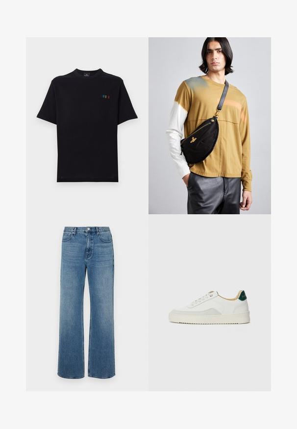 Black short-sleeve t-shirt made from cotton with a crew neckline and colorful vertical stripes on the left chest. Smooth texture.; Wide-leg blue jeans made of denim with a faded finish. Features five pockets, a front button closure, and a straight cut.; White sneaker with suede accents, rounded toe, flat laces, and a cream rubber sole. Features green branding on the heel.; Vivienne Westwood CITY BUMBAG UNISEX - Bum bag - black