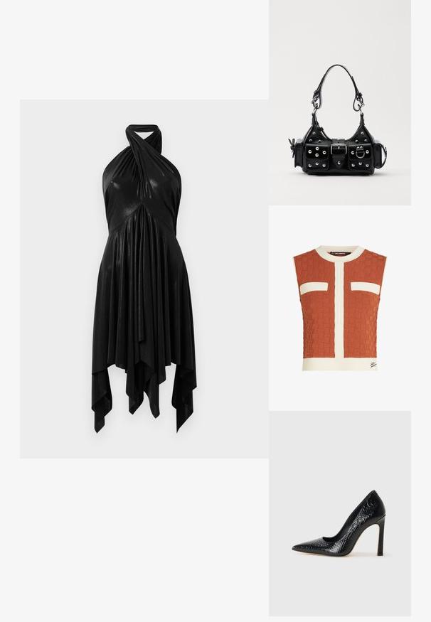 Kätiseina oranž T-särk, millel on tekstuuriga kootud muster, valged ribakujundused ja kaks rinnaalust taskut valgete servadega.; Must mustrabilecek riiet, millel on langev disain. Valmistatud läikivast materjalist, millel on keeratud kaelus ja asümmeetriline serv. Sujuv tekstuur.; Mustan teravaotsaga kõrge kontsaga king, millel on krokodillimustriga tekstuur, stiilne disain, kõrge stilettokonts ja sile must sisesisustus.; Must värvi nahast käekott, millel on kaarjas disain, hõbedased nupukesed, kinnitusahe ja kaks külgtaskut. Reguleeritav rihm erinevate kandmisvõimaluste jaoks.