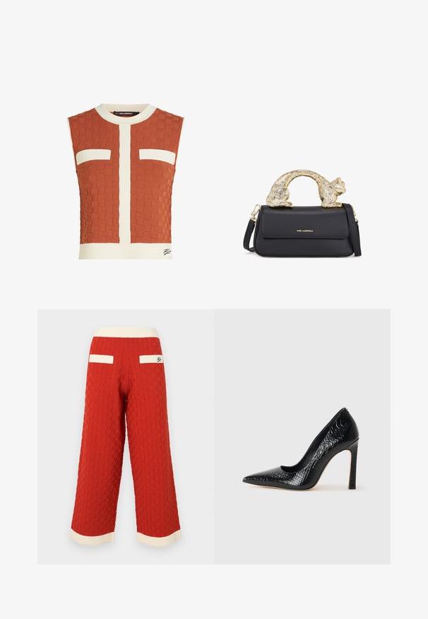 Top senza maniche in arancio bruciato, con un motivo tessuto testurizzato, accenti bianchi a coste e due tasche sul petto con bordi bianchi.; Pantaloni a gamba larga rossi con una texture e un motivo a griglia, dotati di una vita a coste color crema e dettagli delle tasche.; Scarpa nera con punta a punta alta in pelle di coccodrillo, caratterizzata da un design elegante, alto tacco a spillo e interno nero liscio.; Borsa a tracolla in pelle nera con manico a forma di gatto dorato, dotata di pattina frontale, tracolla regolabile e dettaglio logo sulla parte anteriore inferiore.