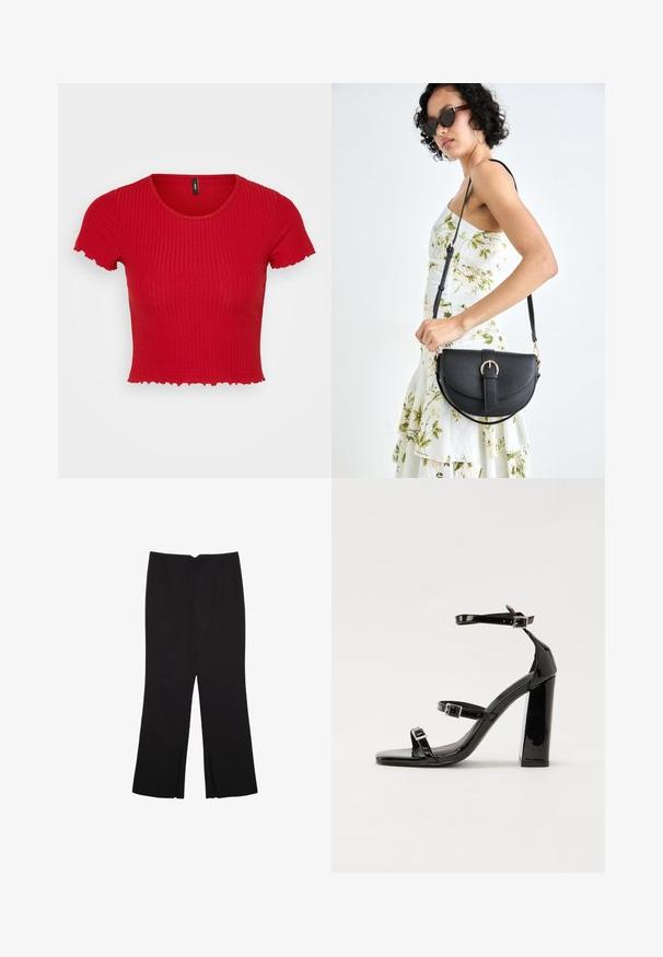 Rød ribbet crop top med korte, flæsekorte ærmer og rund halsudskæring. Stoffet ser strækbart og tekstureret ud, hvilket fremhæver det tætsiddende design.; Sorte bukser med lige pasform, der har frontlommer og slidser i kanten. Lavet af blødt, glat stof. Velegnet til forskellige anledninger.; Sorte patenterede hælsandaler med firkantet tå, ankelremme og sølvspænder. Har en chunky blokHæl for stabilitet.; Sort læderhåndtaske med en buet form, aftagelig rem og guldfinish. Tasken har en klap med en spænde detalje.